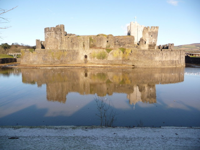 Caerphilly: moat and castle reflection