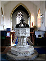 TL9585 : St Mary's church - C15 baptismal font by Evelyn Simak