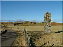 NM9028 : Standing stone and road by Dave Fergusson