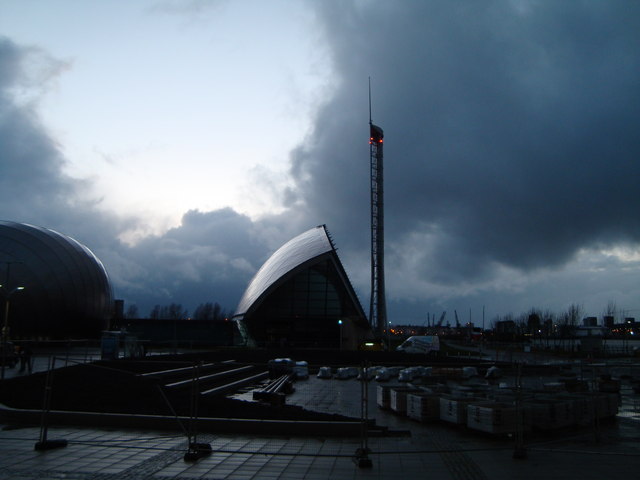 Glasgow IMAX, Science Centre and Tower at dusk