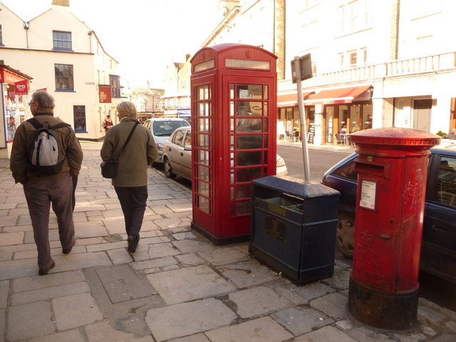 Swanage: postbox № BH19 124 and phone, High Street