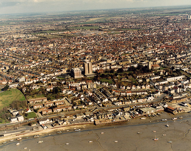 Aerial view of Southend seafront: Old Leigh