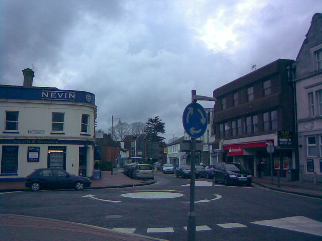 Mini roundabout on High Street, Egham