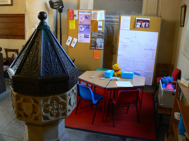 Font and play area, All Saints' Church, All Cannings