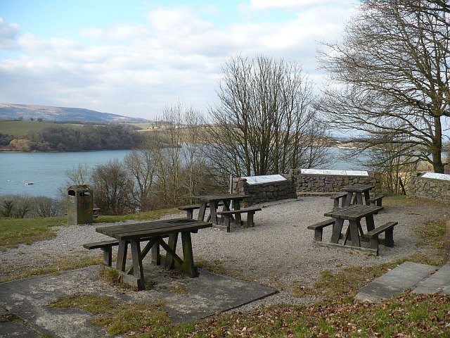 Picnic tables overlooking Llandegfedd Reservoir