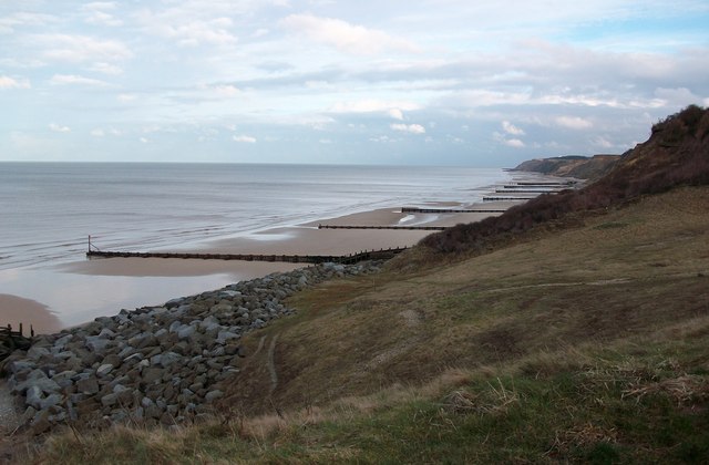 Sea defences below cliffs on Overstrand beach