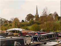 SP5465 : Braunston: marina view towards footbridge and church by Chris Downer