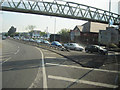 Looking East up A35 at Somerford roundabout