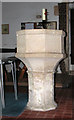 TF6503 : St Mary's church in Crimplesham - baptismal font by Evelyn Simak