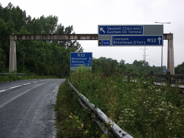 Gantry signs span Rivacre Road and M53