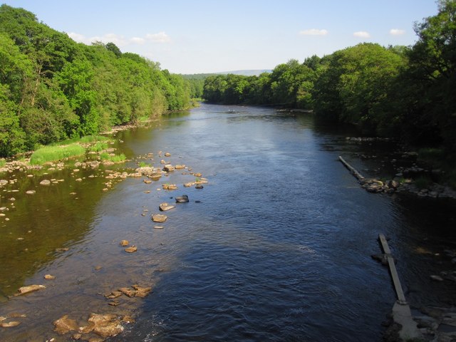 River Wye in June from the Llanstephan suspension bridge, showing the fishing planks