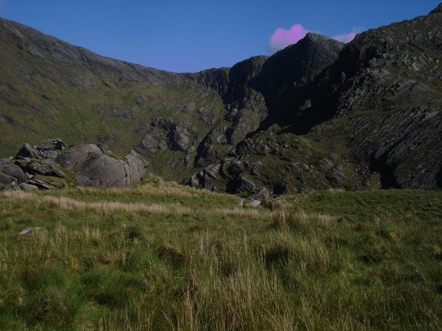 Isolated rocky/grassy hillock in boggy terrain surrounded by mountains