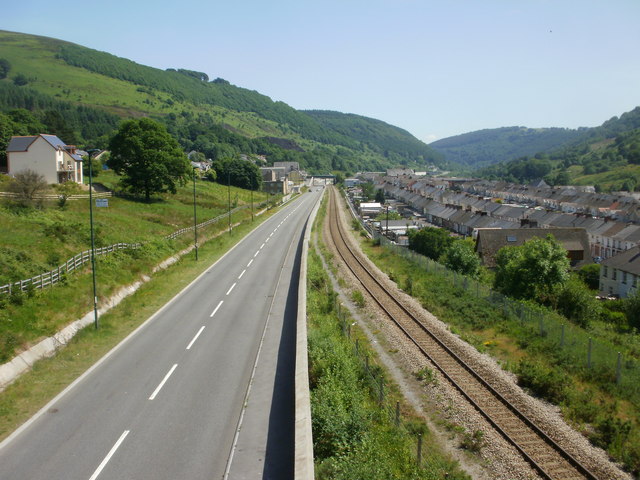 Road and rail viewed from Cwm footbridge