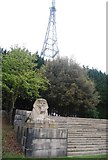 TQ3471 : A sphinx & TV mast, Crystal Palace by N Chadwick