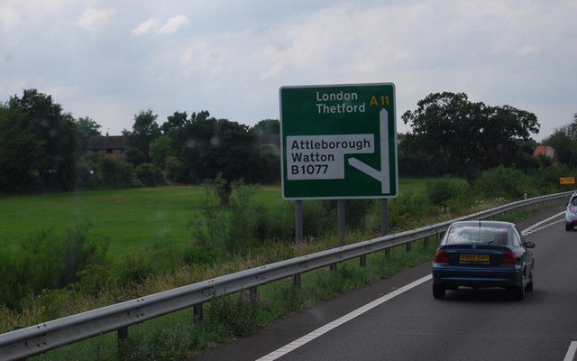 Road sign on the A11 near Attleborough