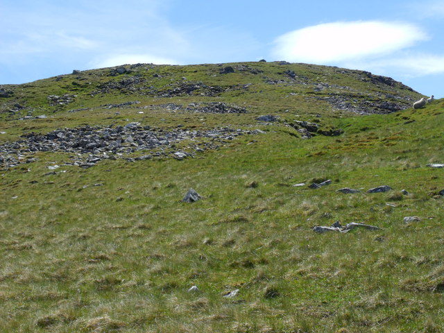 Bouldery step transits from grassy slopes to summit ridge on Beinn Bhreac-liath near Tyndrum