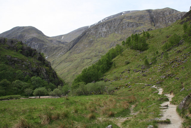 Steall Meadows narrow into the Nevis Gorge