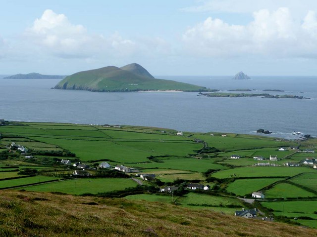 View over Dunquin towards Blasket Islands from slopes of Mount Eagle
