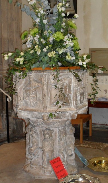 St Mary, Halesworth:  floral display on the font