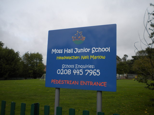 Sign, Moss Hall Junior School, Essex... © Robin Sones cc-by-sa/2.0 ...