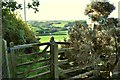 A kissing gate with a view of Heddon Mills on the A361