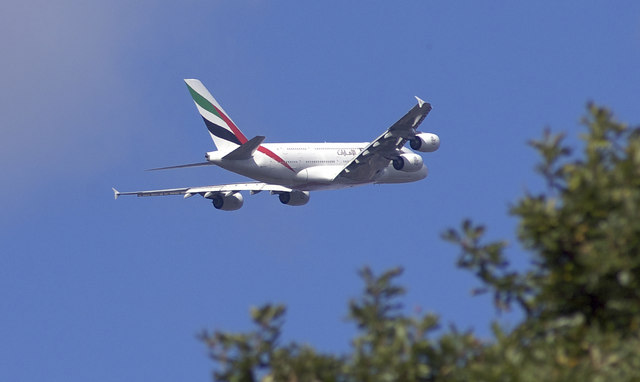 Emirates Airbus A380 over Cheadle Hulme