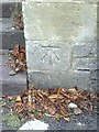 Benchmark on wall pier beside steps of path to Church