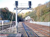 SH5771 : The Bangor station railway signal box by Eric Jones