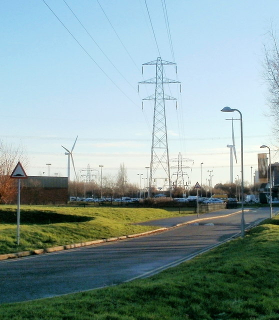 Pylons and wind turbines viewed from Newport International Sports Village