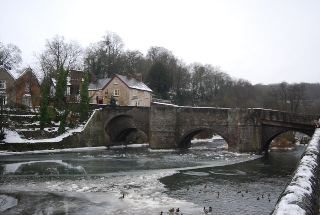 Ludford Bridge crossing a frozen River Teme.