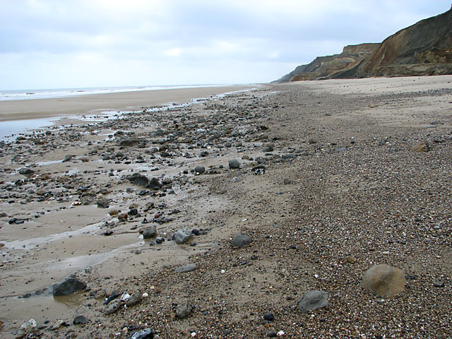 Sand and pebbles on the beach below Sidestrand