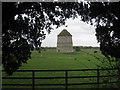 Sibthorpe dovecote seen between the churchyard yews