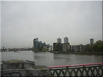 TQ2676 : Crossing Battersea railway bridge: view downstream including St Mary's Church, Battersea by Christopher Hilton