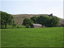 SJ9765 : Hangingstone Farm with the Hanging Stone beyond by Peter Turner