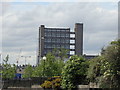 Towerblock alongside the Blackwall Tunnel Northern Approach, viewed from the Bow Creek Ecology Park path