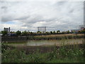 Gas holder on Abbott Road, looking west-southwest from the Bow Creek Ecology Park path