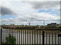 View of Canning Town Station from the Bow Creek Ecology Park path