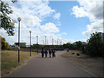 TQ3981 : View of the O2 from the riverside path opposite Bow Creek by Robert Lamb