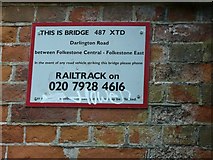 TR2236 : Railway bridge identification plate, Folkestone by John Baker