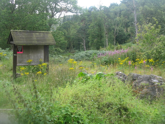 Abandoned information board and car park at the Falls of Leny
