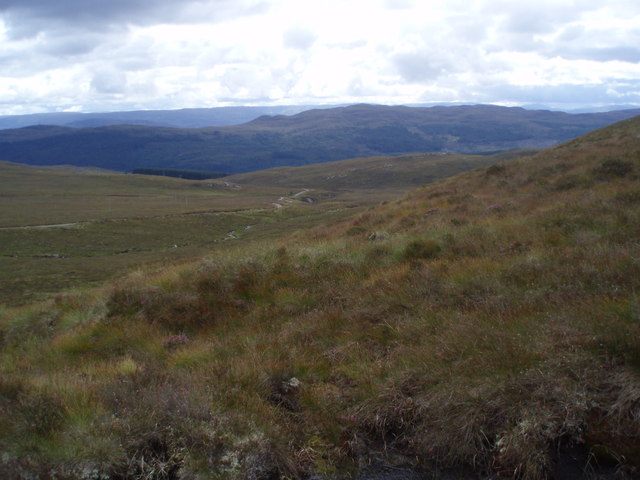 Looking down on Allt Loch a' Chràthaich and track from Meall nan Aighean