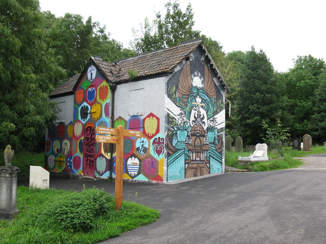 Painted building at Arnos Vale cemetery