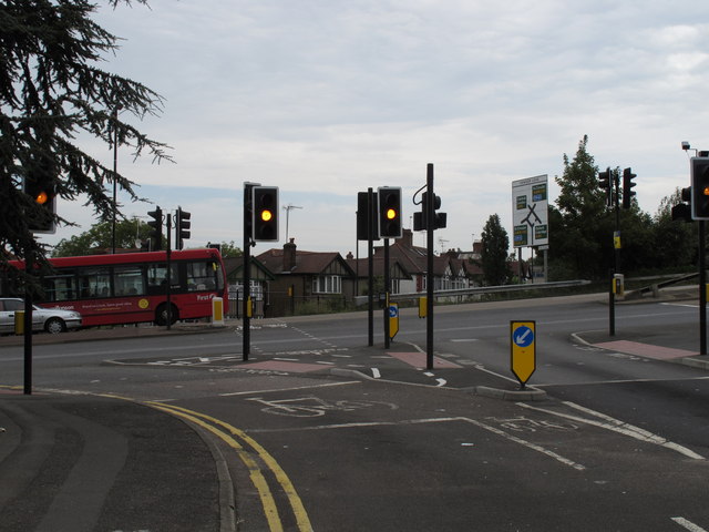 Traffic lights amber at cycle crossing on Hanger Lane