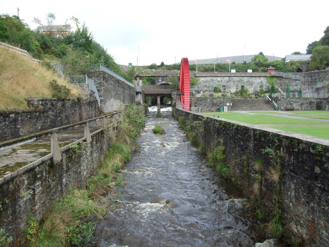 The weir at Laxey and Lady Evelyn waterwheel