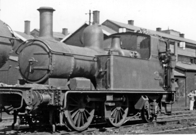 Auto-fitted GW 0-4-2T at Gloucester Locomotive Depot