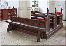 TL7652 : St Nicholas, Denston - Pews and bench by John Salmon