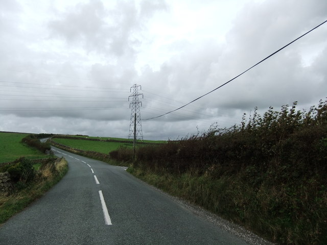 Crossroads and pylon near Ulverston