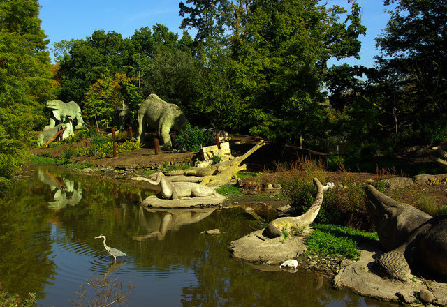 Heron among dinosaurs, Crystal Palace Park