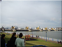 TQ4179 : View of the Thames Barrier from the balcony of the Woolwich Visitor Centre by Robert Lamb