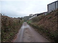 Lane and farm sheds near Pont Rhydybetws